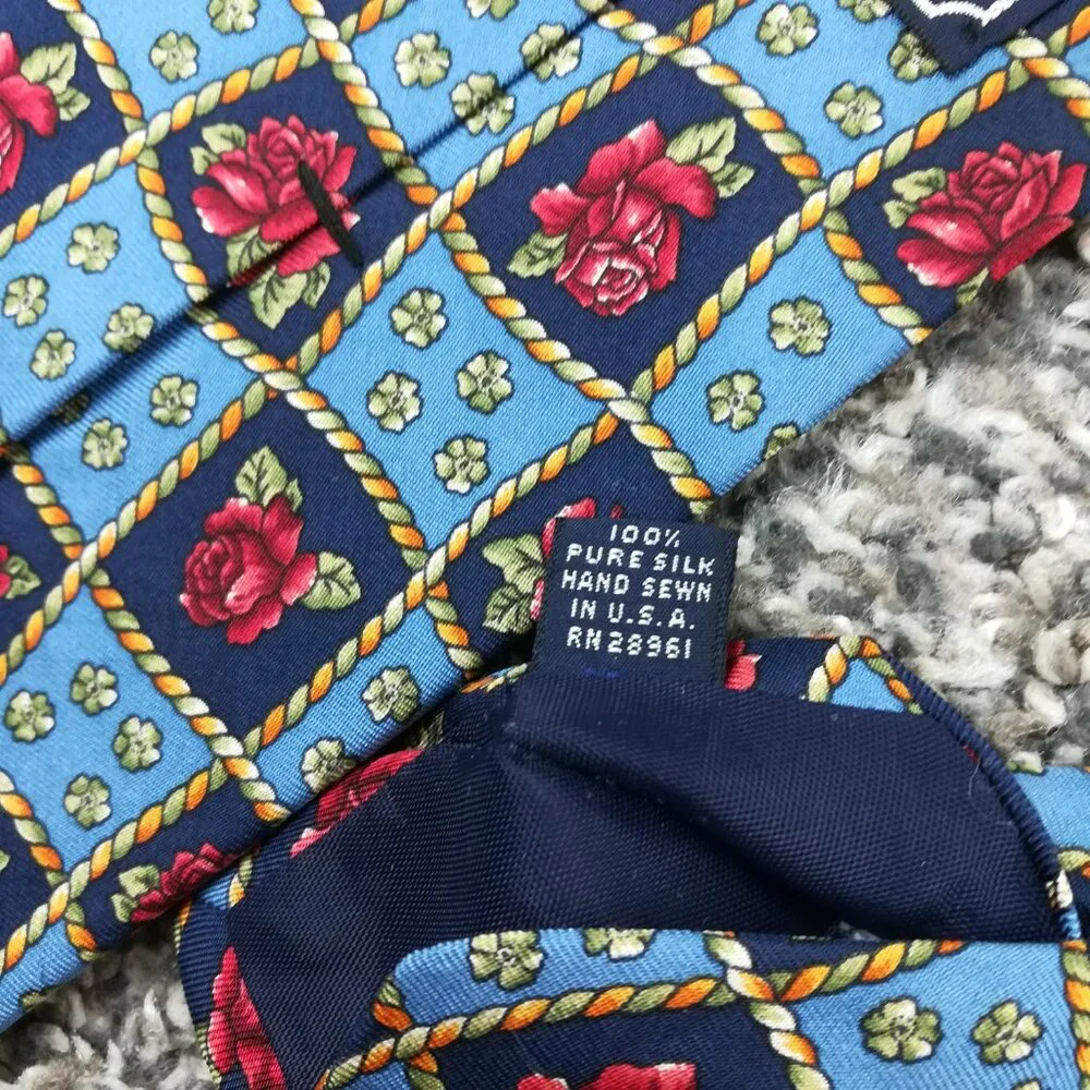 Vintage Burberry Neck Tie Silk Floral Blue Red USA Made 56L 3.75W